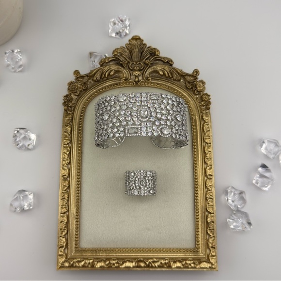 Luxury Cubic Zirconia Cuff Bracelet & Ring Set – Silver Tone - Picture 9 of 17